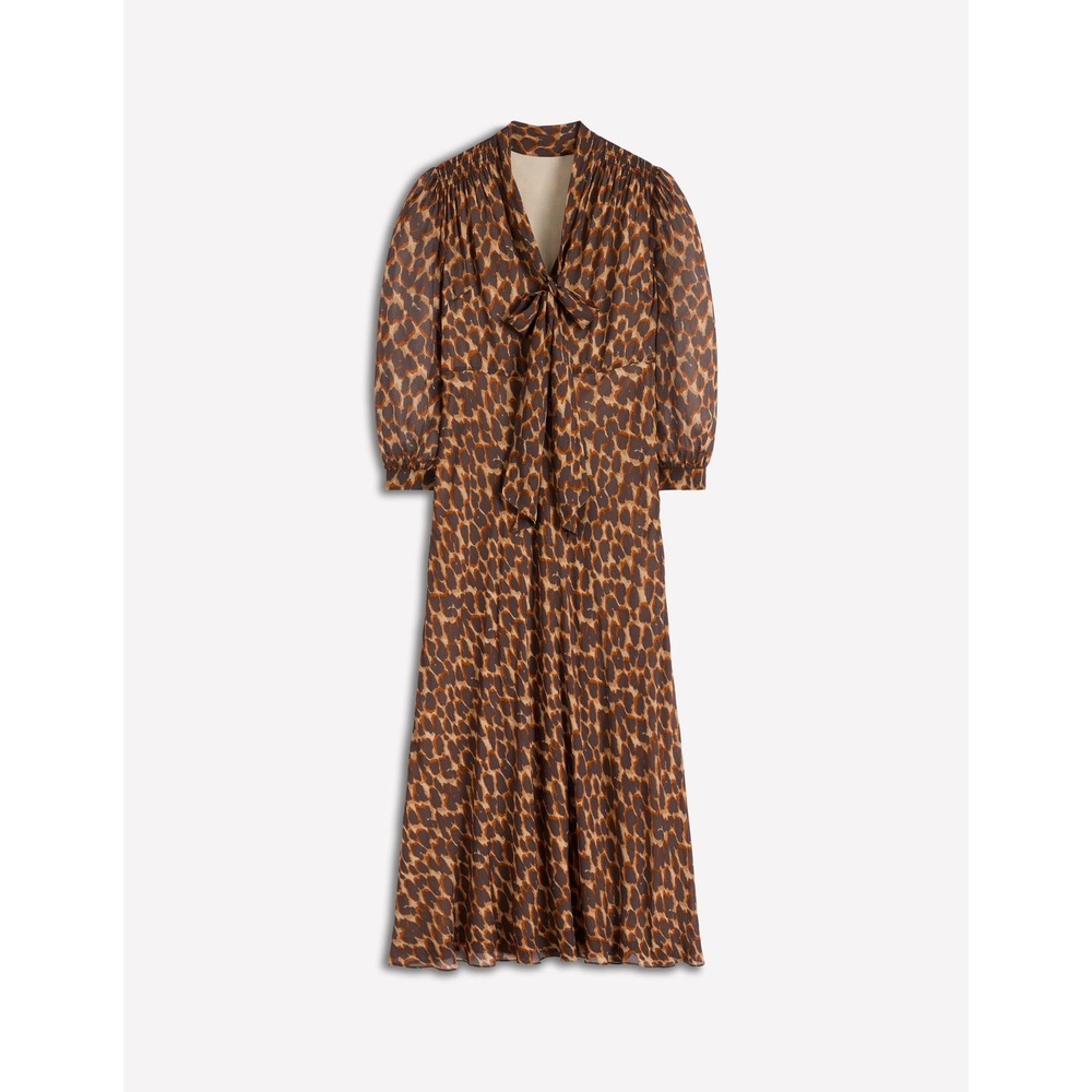 Boden Brooke Tie Neck Tea Dress Leopard Print Maxi Dress Brown 12R New With Tags - Picture 5 of 11